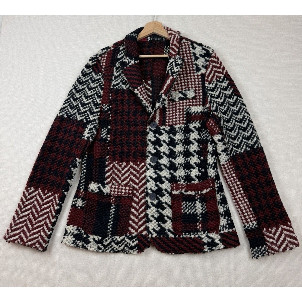 EPSILON‎ Plaid Jacket Sz M Maroon Cream Blazer Chunky Knit Tweed  Wool Blend